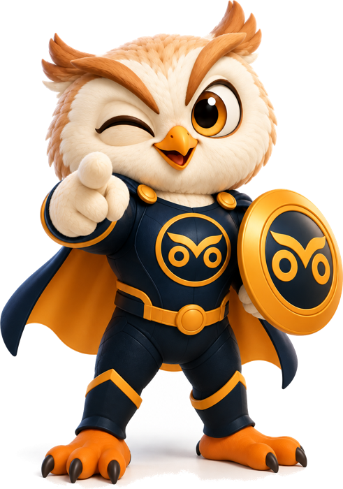 Mascote da Coruja Fiscal com um escudo âmbar